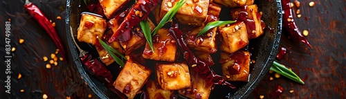 Szechuan tofu, spicy and numbing with peppers, authentic Chinese kitchen photo