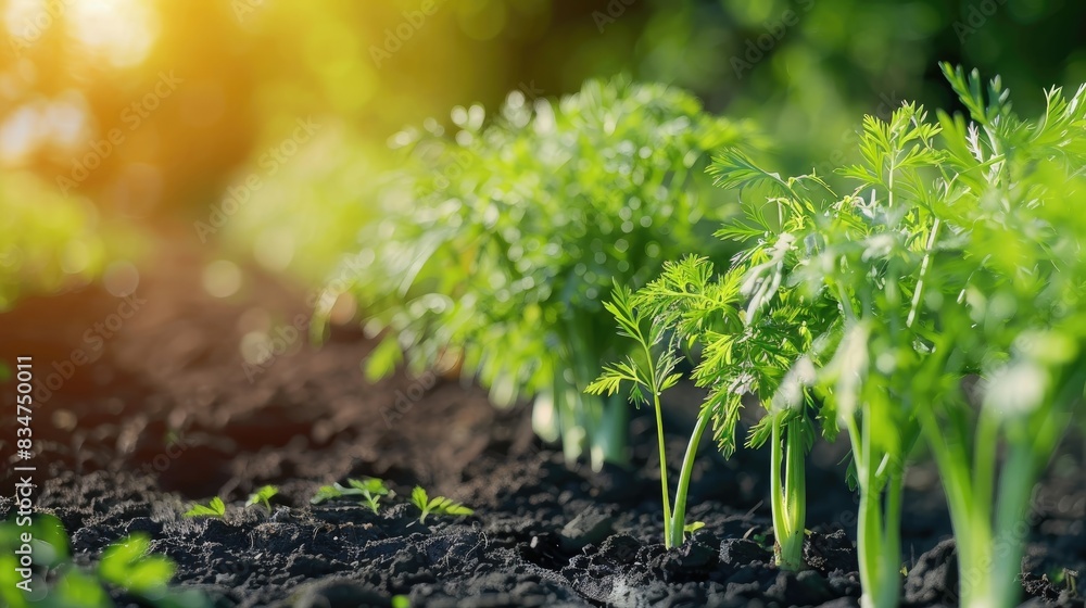 Carrot bushes are planted in a row. Growing vegetables in rural areas. Care and treatment of plants. The future harvest. Carrot bushes are planted in a row. Growing vegetables in rural areas. Care and treatment of plants. The future harvest.