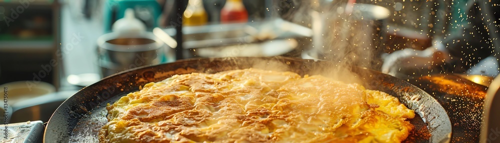 Thai omelette, fluffy and golden, served on a hot plate, bustling open kitchen in the background Thai omelette, fluffy and golden, served on a hot plate, bustling open kitchen in the background
