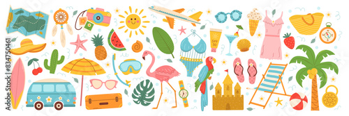 Cute big set summer beach elements. Vacation accessories for sea holidays. Cartoon vector illustration
