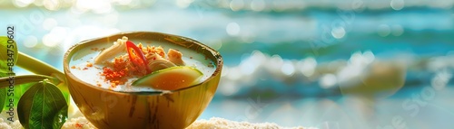 Tom Kha Gai, coconut chicken soup, served in a young coconut, tranquil beach setting photo
