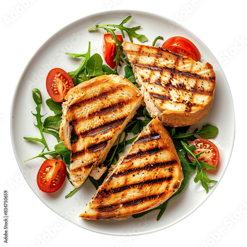 Grilled chicken breast slices on white plate with arugula and cherry tomatoes, top view, isolated on white

 photo