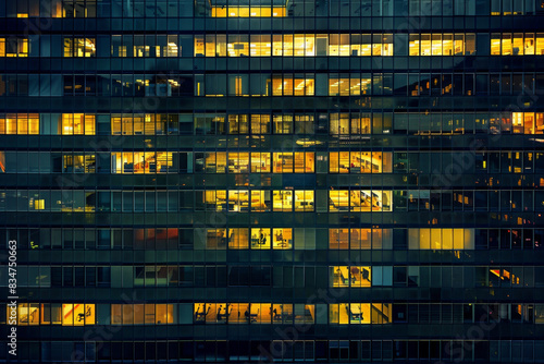 An office building at night, filled with glowing windows like the lights of an urban cityscape, captures the symmetrical arrangement and grid effect. 