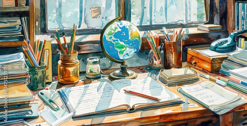 A cluttered study desk with an open book, globe, pencils, and various office supplies by a sunny window, creating a productive workspace ambience.