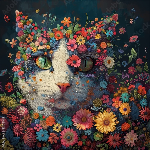 Whimsical cat portrait intertwined with vibrant flowers, creating a fantasy scene blending feline and floral elements.