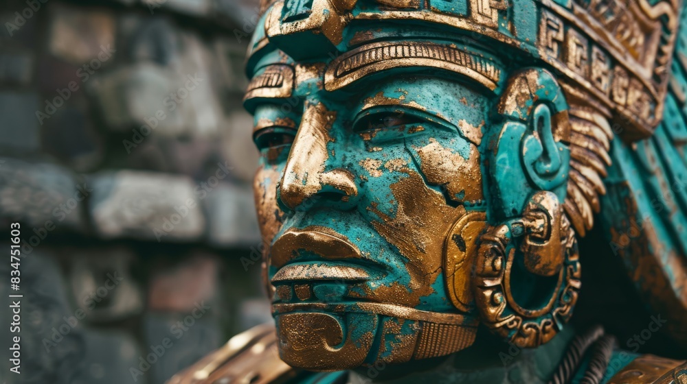 Fototapeta premium The AI-generated photo shows a close-up of a Mayan statue with turquoise and gold features. The statue is made of stone and has a very detailed and realistic appearance.