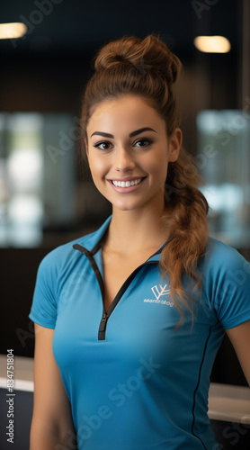 Welcoming female receptionist at a gym, friendly smile, professional attire, gym lobby background