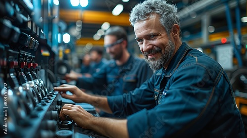 Inside a modern repair shop, a mechanic programming a computerized alignment machine, with other mechanics discussing repair strategies in the background. photo
