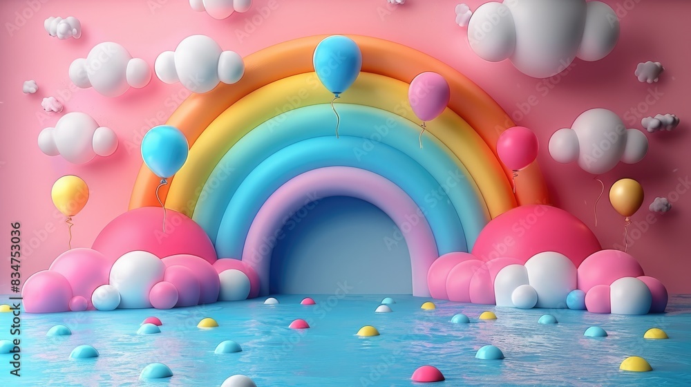 abstract 3d rainbow with clouds and colorful balloons