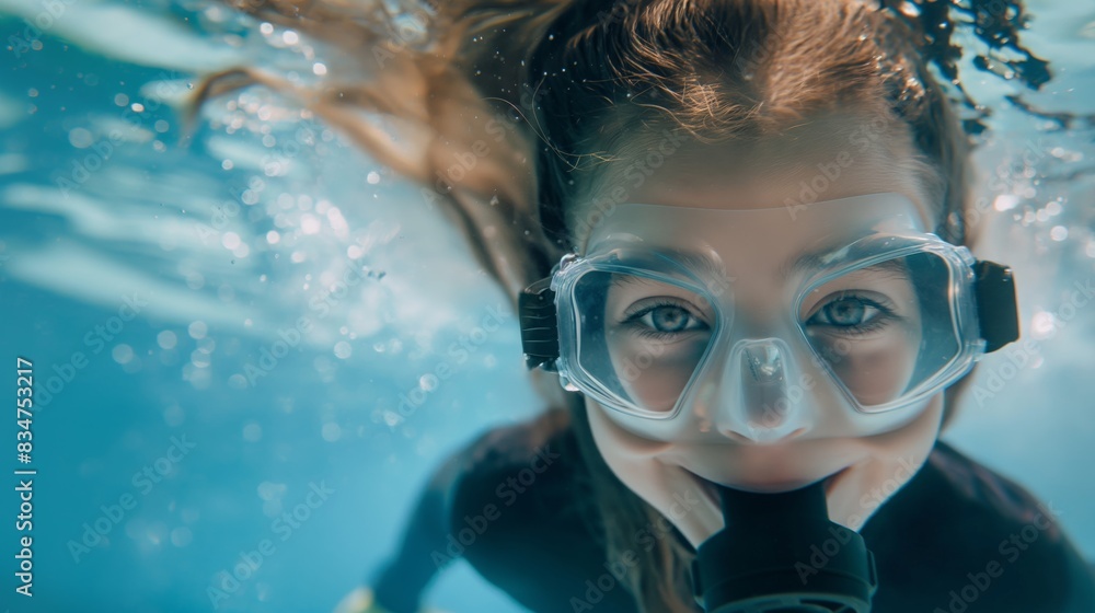 Fototapeta premium Close-up of a young girl swimming underwater with a snorkel mask, smiling and looking at the camera in a clear swimming pool