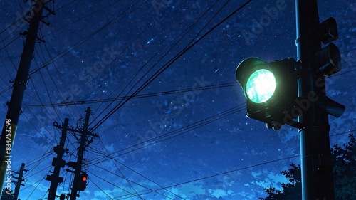 Sidewalk traffic lights under a starry night sky. Anime illustration art.