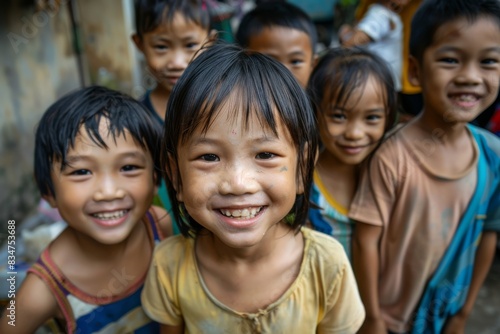 Group of happy asian children smiling on the street in Thailand.