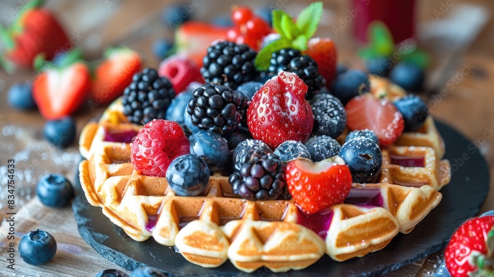 Vibrant fruits atop a waffle Vibrant fruits atop a waffle