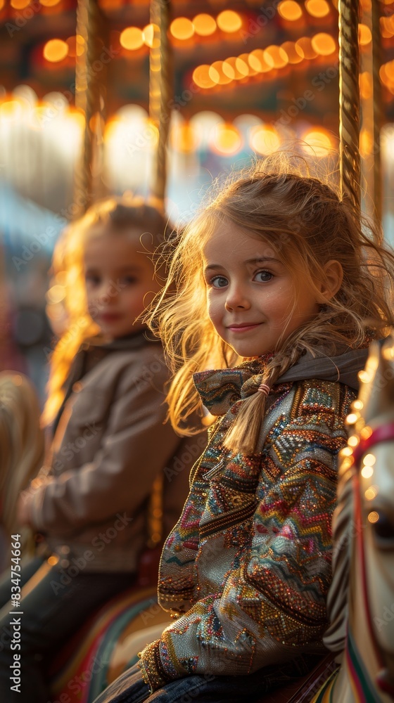 Fototapeta premium Children riding on a carousel or other carnival rides. 