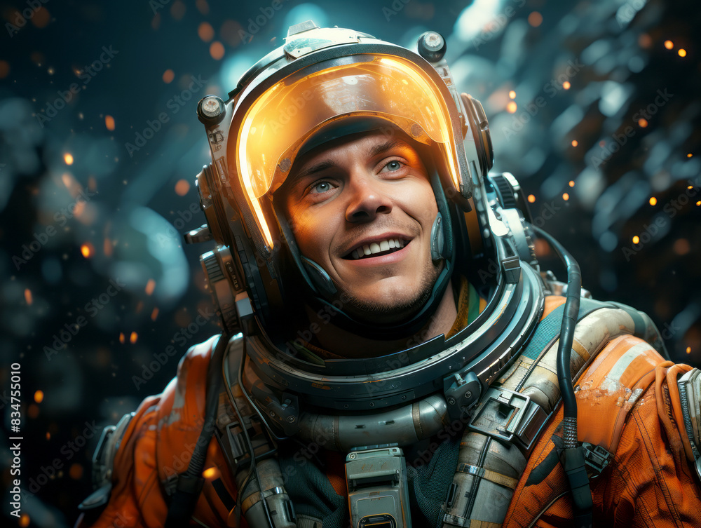 A smiling astronaut in an orange spacesuit against a starry background, concept of exploration. Generative AI A smiling astronaut in an orange spacesuit against a starry background, concept of exploration. Generative AI