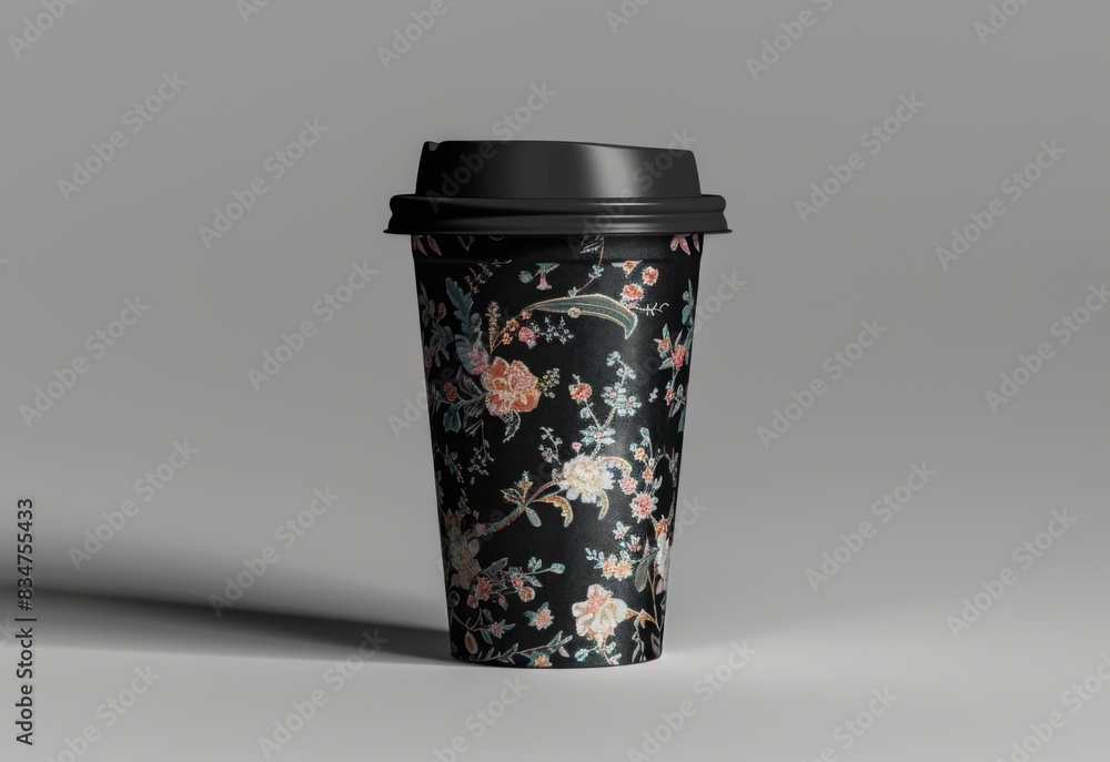 Elegant Floral Pattern Coffee Cup with Lid - Stylish Black Travel Mug Design for Daily Use