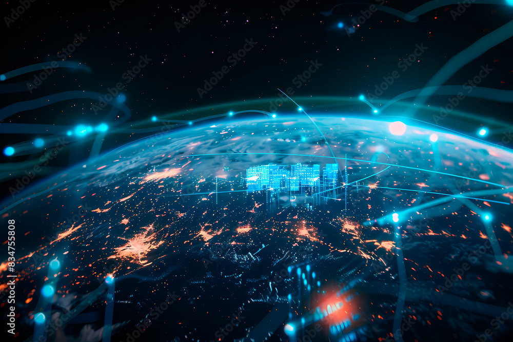 A dynamic digital art piece representing a city's network system illuminated at night with global connections A dynamic digital art piece representing a city's network system illuminated at night with global connections