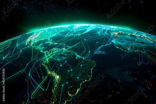 A captivating digital art illustration depicts an illuminated network grid over Africa and Europe, highlighting the concept of global connectivity