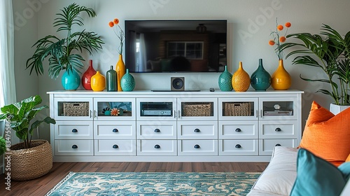 A sleek white entertainment unit with multiple compartments and drawers, adorned with a variety of brightly colored decorative vases and a flat-screen TV mounted above. photo