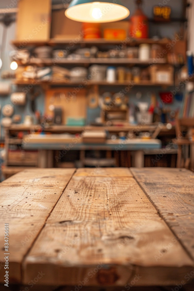 A wooden workbench in the foreground with a blurred workshop in the background A wooden workbench in the foreground with a blurred workshop in the background
