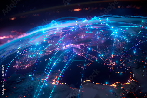 An atmospheric digital art depiction of network connections with cool blue tones spread across a stylized Earth s surface at night