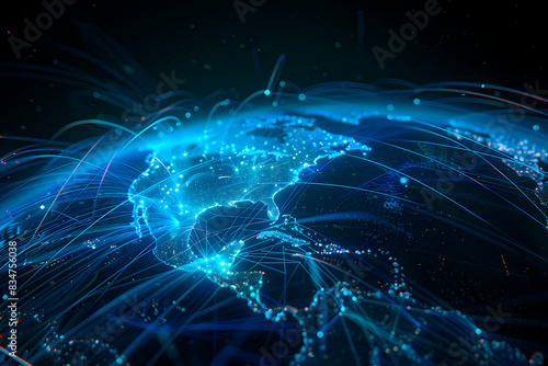 Rich blue and glowing network lines and nodes sprawl across the surface of Earth in this stunning example of digital art