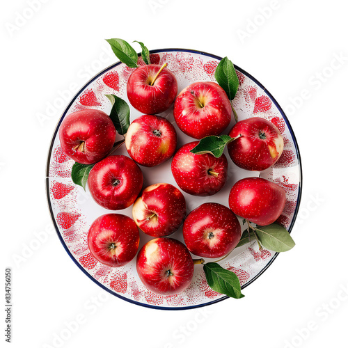 Red apples arranged on a circular white plate with blue rim, top view on a white background

 photo