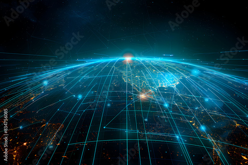 This illustration shows a digital art representation of glowing network lines over a night-time Earth