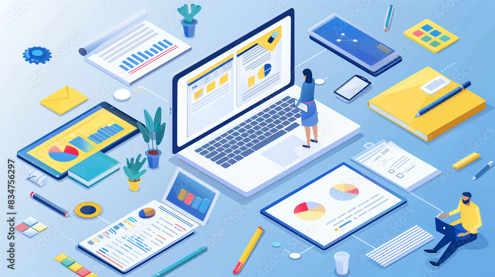 Creative Business Workspace with Digital Devices, Charts, and Analytical Reports Creative Business Workspace with Digital Devices, Charts, and Analytical Reports
