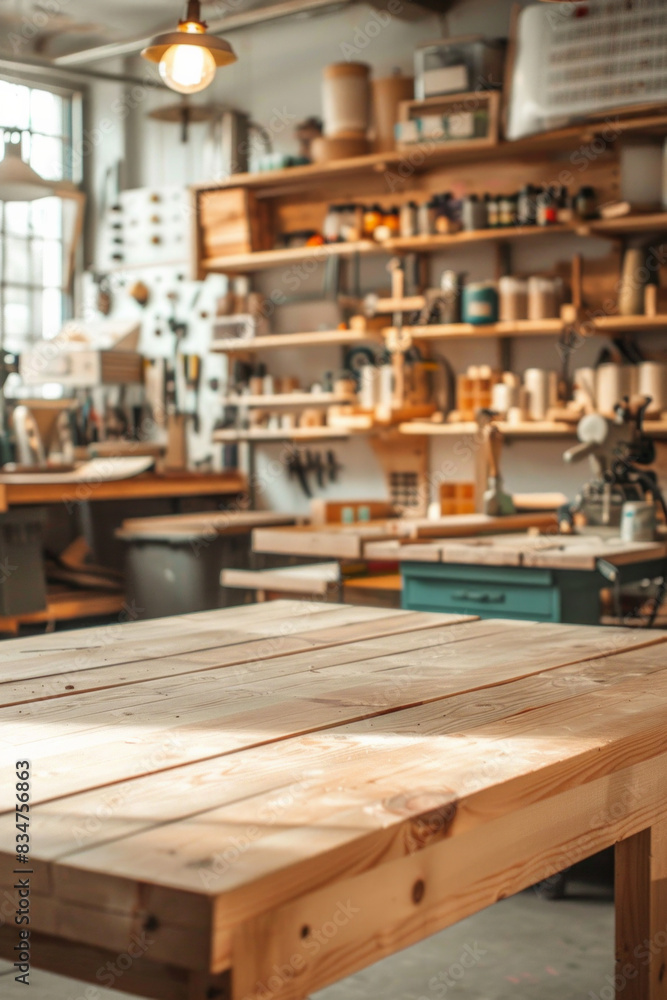 A wooden workbench in the foreground with a blurred workshop in the background A wooden workbench in the foreground with a blurred workshop in the background