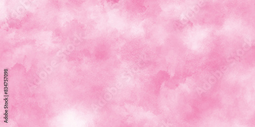 Paint leaks and ombre effects hand painted cloudy pink paper texture, Soft smeared aquarelle painted pink texture, Abstract pink sky background and white clouds on pink canvas.