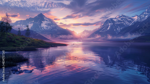 A serene mountain lake at dawn  with the water reflecting the vibrant hues of the rising sun.