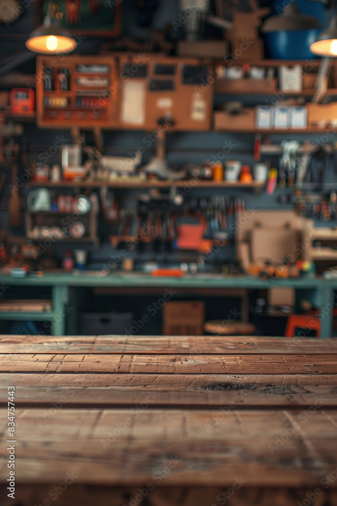 Obraz premium A wooden workbench in the foreground with a blurred workshop in the background