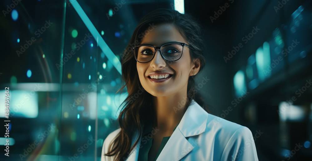 Obraz premium young indian female scientist standing at labortory