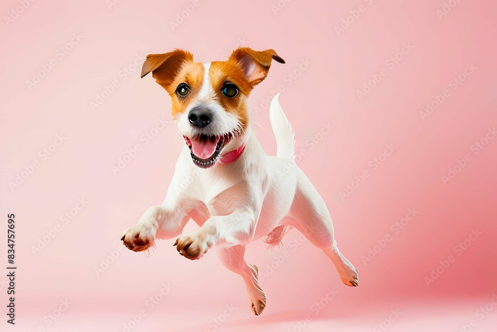Active Agile Dog Jumping High in the Air Against a Pink Background.front view of dog.jpg Active Agile Dog Jumping High in the Air Against a Pink Background.front view of dog.jpg