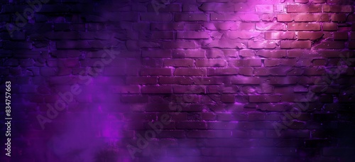 A brick wall with purple neon lights shining on it, for product display. neon spotlights reflection on the floor in studio room