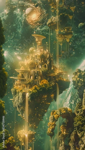 A celestial city hovers amidst lush greenery, its lights glowing against the night sky