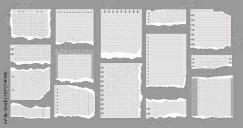 Set of various Torn Notebook Sheet. White and grey ripped paper notes, stickers, sticky sheets and tape. Vector illustration in flat style. Trendy elements for collage.