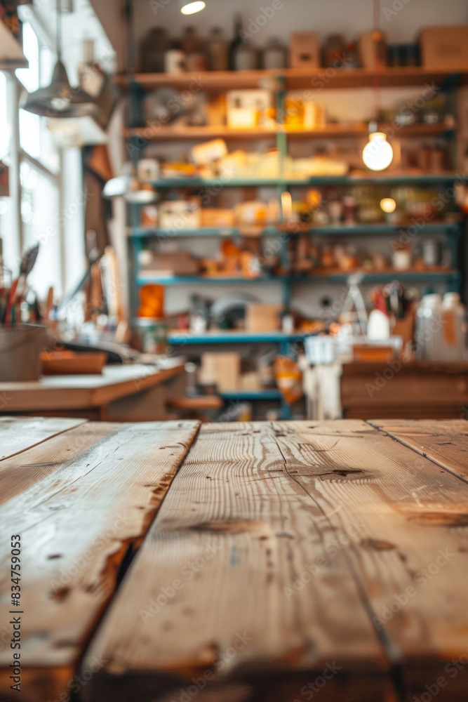 A wooden workbench in the foreground with a blurred workshop in the background A wooden workbench in the foreground with a blurred workshop in the background