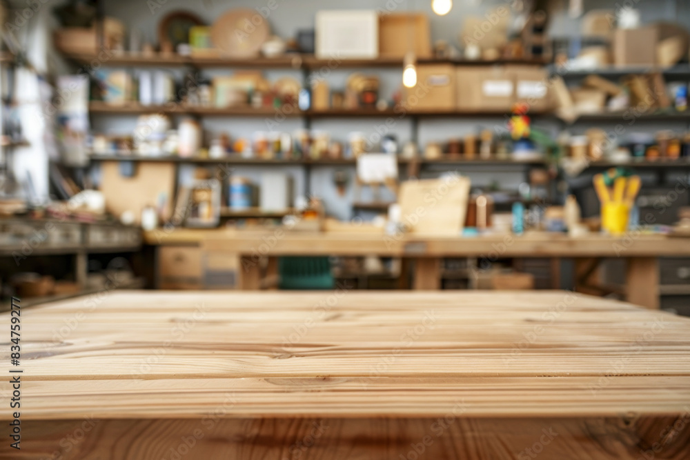 Fototapeta premium A wooden workbench in the foreground with a blurred workshop in the background