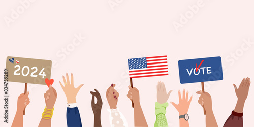 US presidential election 2024. Diverse hands holding placard with vote and American flag. USA election voting concept. Vector illustration. US president campaign 2024 . Vote day, November 5.
