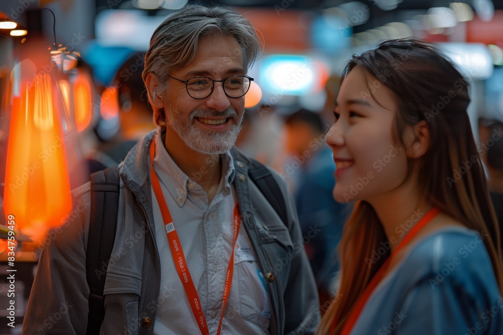 Fototapeta premium happy business people at the exhibition, smiling and talking to each other in front of a stand with lighting on it, having fun together in a candid shot,