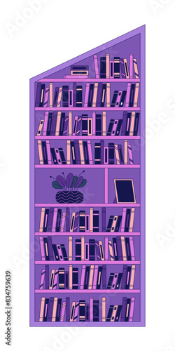 Bookcase for slanted ceiling 2D linear cartoon object. Angled bookshelves with literature isolated line vector element white background. Home interior furniture color flat spot illustration