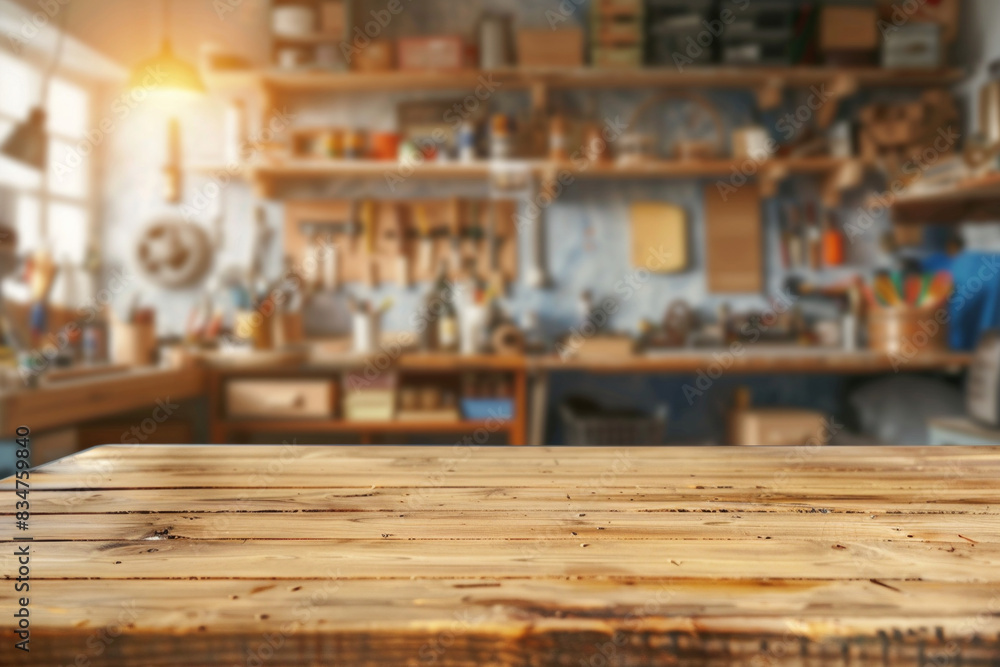 A wooden workbench in the foreground with a blurred workshop in the background A wooden workbench in the foreground with a blurred workshop in the background