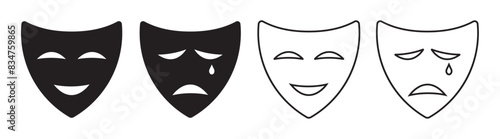 Masquerade vector icon set. Comedy and tragedy mask symbol. Drama theater mask sign. Happy and sad mask symbol.