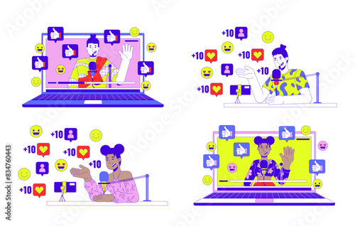 Influencer content creator 2D linear illustration concept set. Diverse vloggers cartoon characters isolated on white. Social media popularity metaphors abstract flat vector outline graphic collection