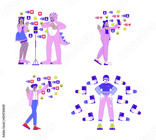 Viral influencers on social media 2D linear illustration concept set. Multicultural vloggers cartoon characters isolated on white. Popularity metaphors abstract flat vector outline graphic collection
