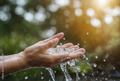 A person drops a steady trickle of water and holds out their cupped palms to catch the liquid as it falls.