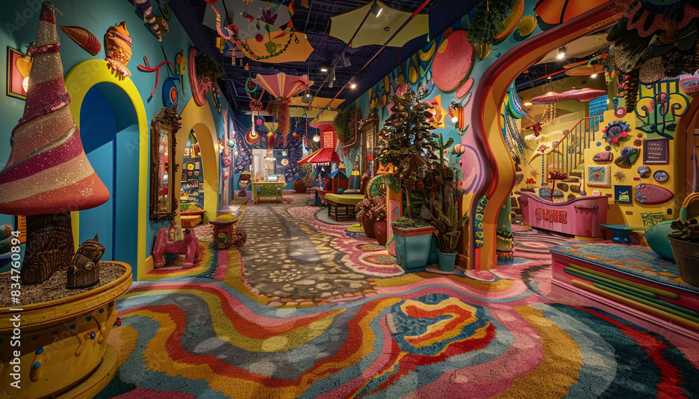 A whimsical gallery filled with colorful, fantastical art pieces and interactive installations, creating an engaging and joyful atmosphere.