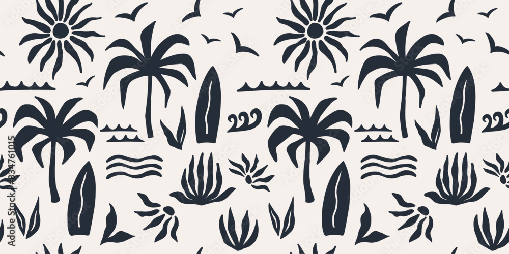 Abstract tropical seamless pattern with palm leaves, surfboard, wave and sun. Hand drawn minimal art background. Surface cover design. Fabric textile print.